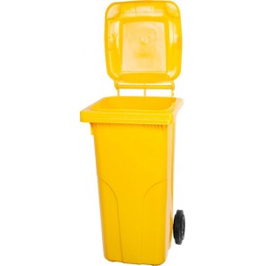 Gelbe PROREGAL Mülltonne, 120 Liter, aus HDPE-Kunststoff mit offenem Deckel.