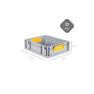 Graue PROREGAL Eurobox mit gelben Griffen, 11 Liter, 30x40x12 cm. Aufbewahrungsbox für Industrie und Gewerbe.