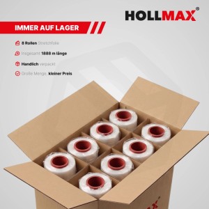HOLLMAX Profi Stretchfolie transparent, 8 Rollen mit rotem Kern in offener Kartonbox. Für Versand & Lagerung.