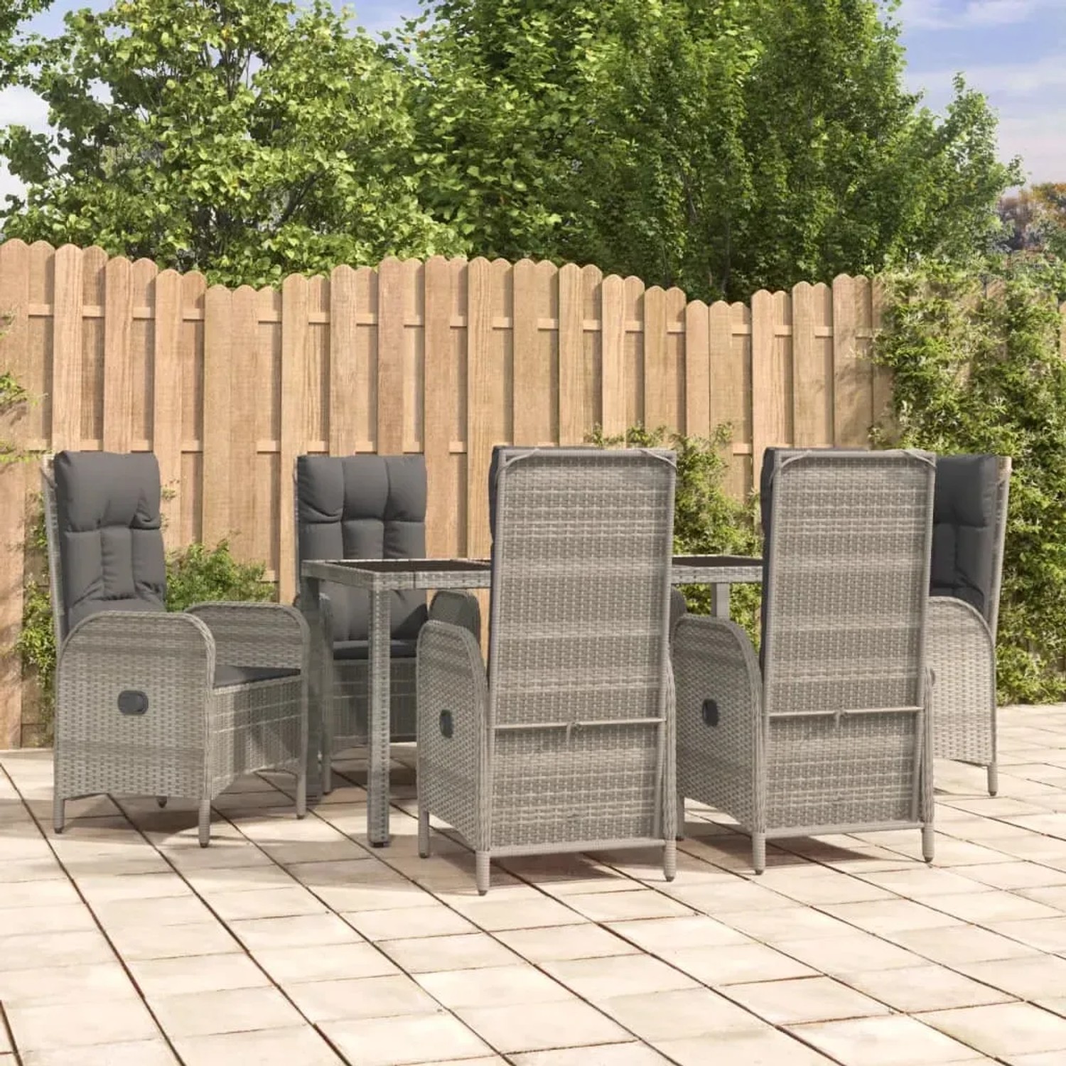 7-tlg. Garten-Essgruppe Grau Poly Rattan mit Tisch und verstellbaren Stühlen mit Kissen.