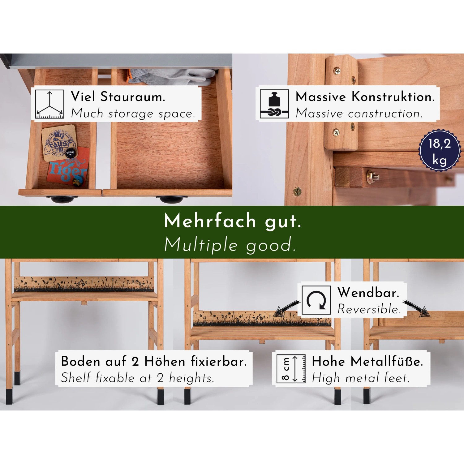 Detailansicht WONDERMAKE Pflanztisch Kirschbaum auxilium1: Schubladen, Ablage, Metallfüße.