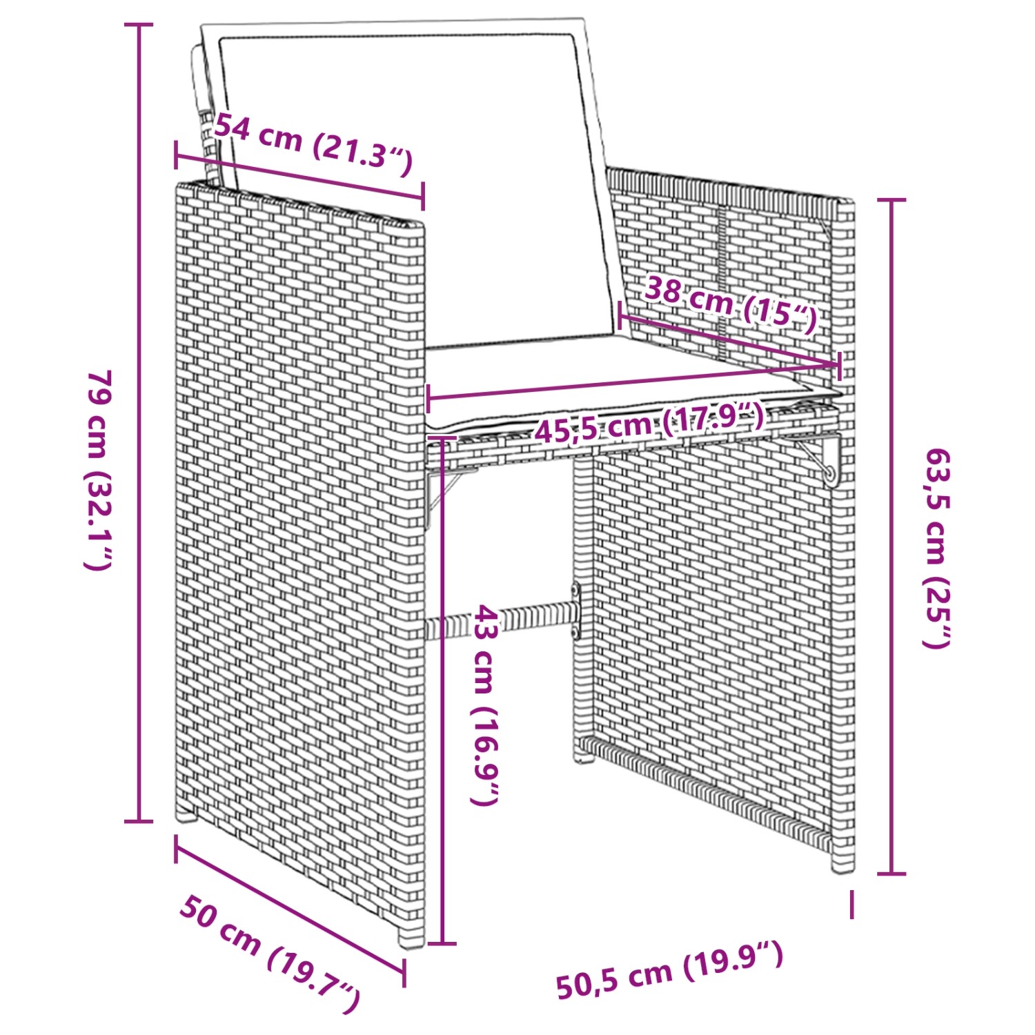 Abbildung eines vidaXL Gartenmöbel Sets aus Polyrattan mit Maßen.