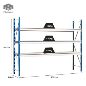 PROREGAL Weitspannregal Maximus Pro Grundregal, 200x275x80cm, 3 Ebenen, Fachlast 450kg, blau/grau.
