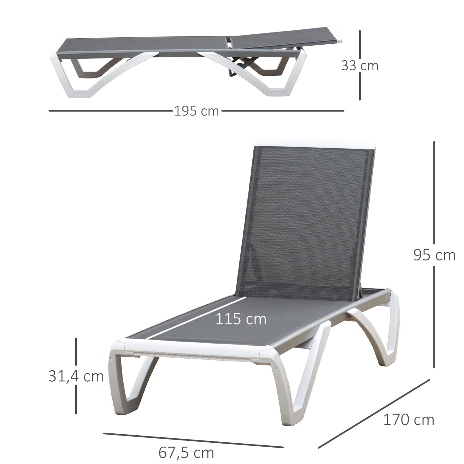 Outsunny Gartenliege Sonnenliege Relaxliege Verstellbar Ergonomisch Grau Weiß_5