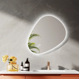 Asymmetrischer Emke LED Badspiegel 60x45 cm mit Anti-Beschlag und dimmbaren Lichtfarben.