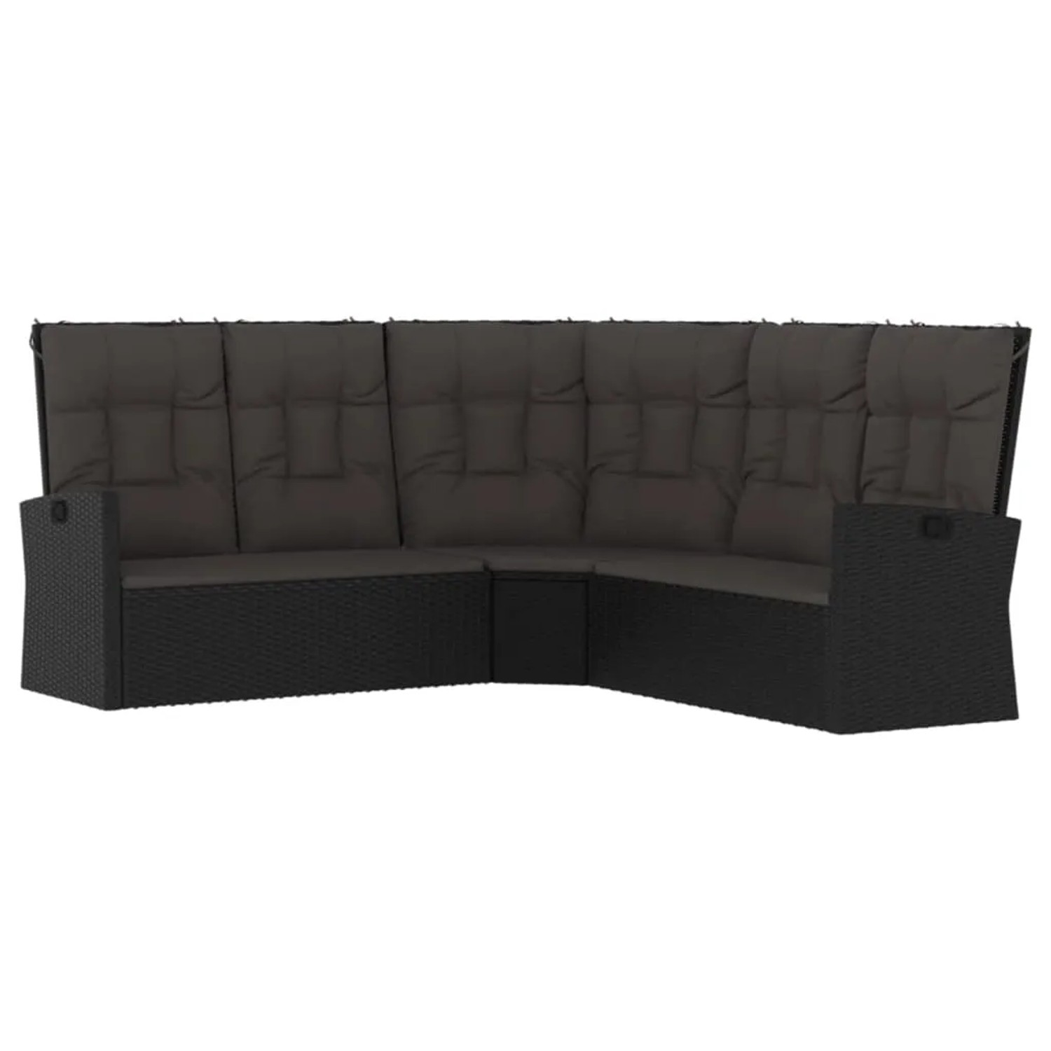 Schwarzes vidaXL Garten-Lounge-Set aus Polyrattan mit grauen Kissen.