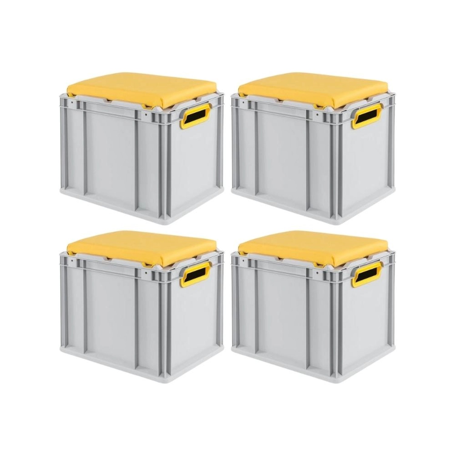 Vier graue Eurobox NextGen Sitzboxen mit gelbem Sitzkissen, 30 Liter, als Aufbewahrungsboxen.