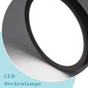 Runde, schwarze NETTLIFE LED Deckenleuchte aus Kunststoff, 30cm, mit hellem kaltweißem Licht. Spritzwassergeschützt.