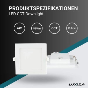 Quadratischer, weißer LUXULA LED Einbauspot (6er Set) mit CCT-Funktion zur Farbtemperaturwahl.