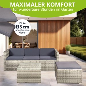 Grau melierte Polyrattan Gartenlounge Punta Cana mit Sofa, Hocker und Tisch für Garten oder Terrasse.