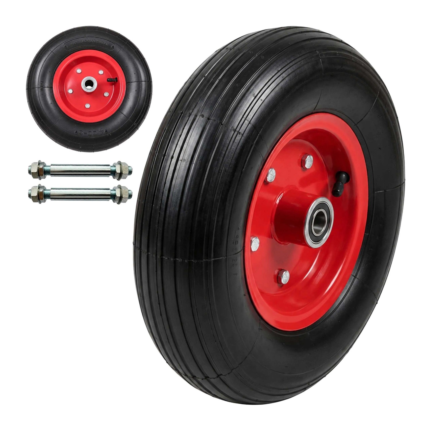 Relaxdays Sackkarrenräder 2er Set Vollgummi Stahl Schwarz Rot Pannensicher 4.00-6 ø 32,5 cm