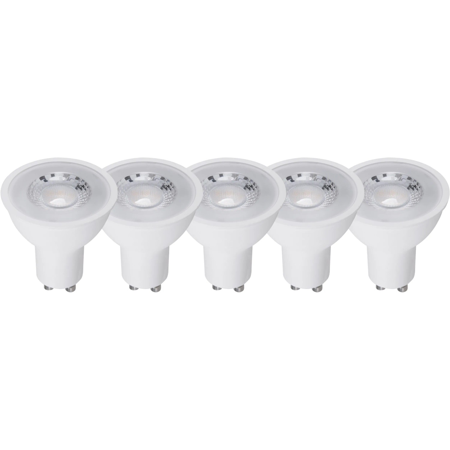 Fünf GU10 LED Leuchtmittel, 4,5 W, in Weiß. Energiesparende Lampen für Wohnräume.