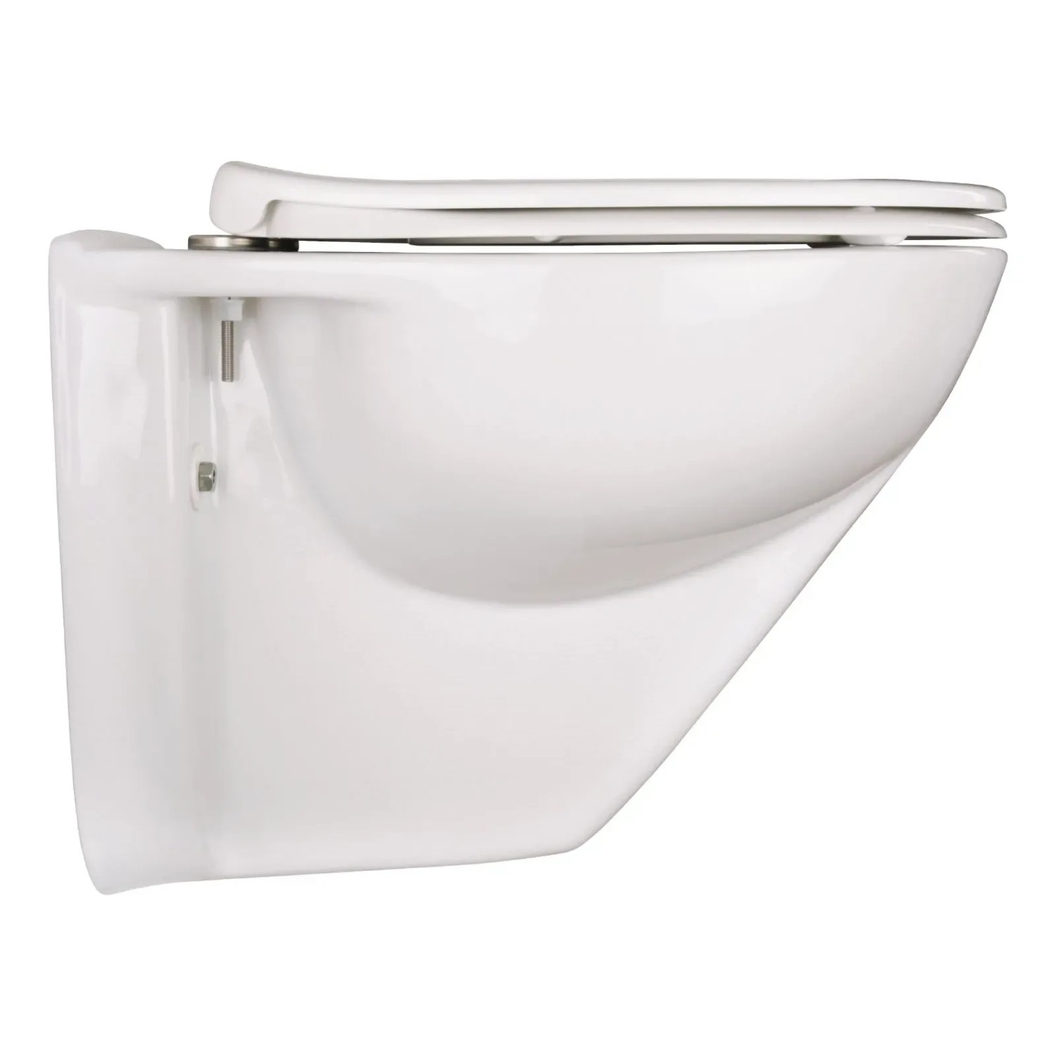 Weißes, erhöhtes Wand-WC-Set von Calmwaters mit WC-Sitz und spülrandlosem Design.
