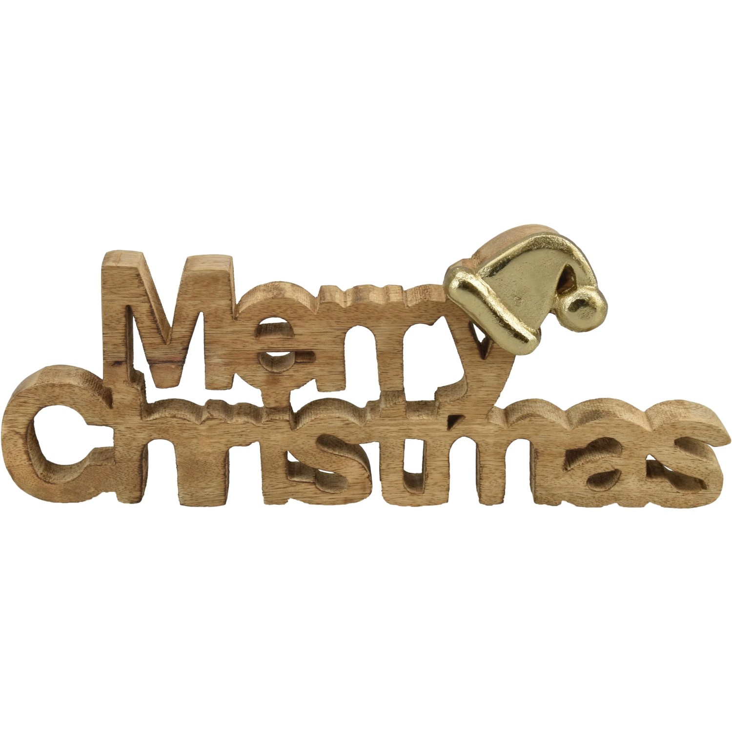 Deko-Schriftzug Merry Christmas aus Mangoholz 33 cm Natur-Gold