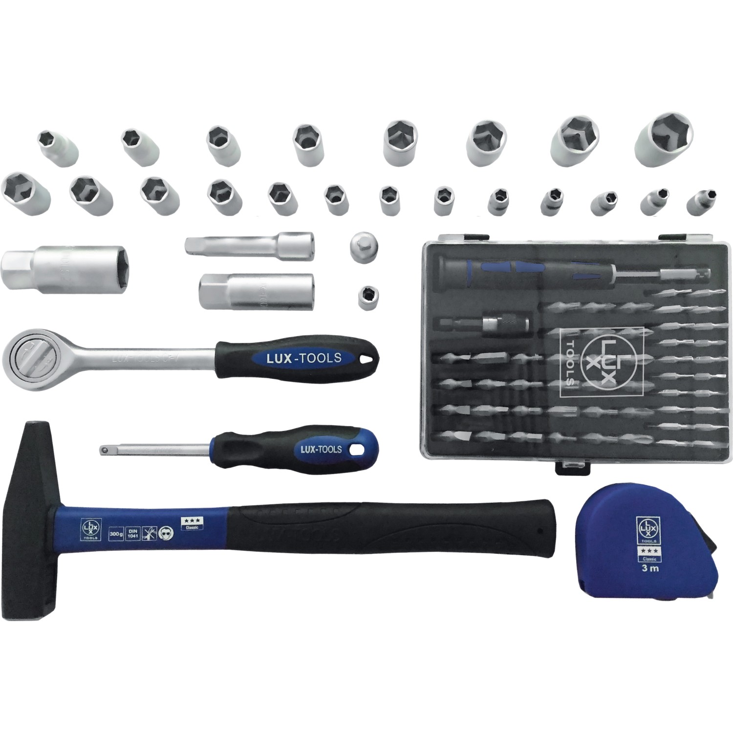 LUX Werkzeugkoffer, 129-teilig, mit Hammer, Schraubenschlüssel, Bits und weiterem Werkzeug.