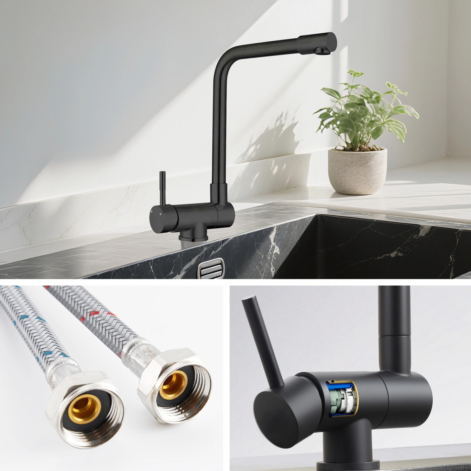 AICA Wasserhahn Faltbare 360° Drehbare Schwarz Küchenarmatur 304 Edelstahl Hochdruckfest Mischbatterie Spültischarmatur_3
