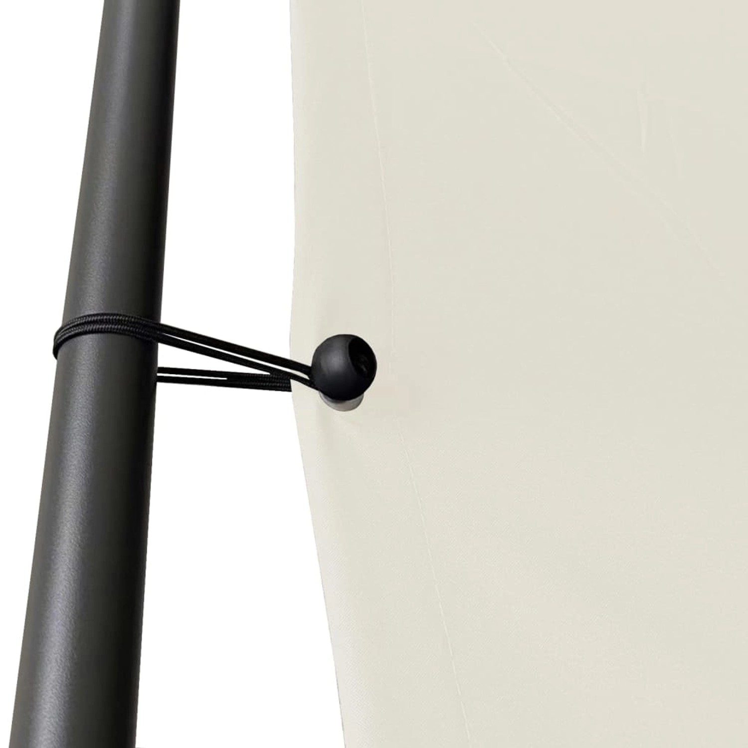 Detailansicht: Weißer Pavillonstoff (4x4 m) am Stahlrahmen mit Gummiband befestigt.