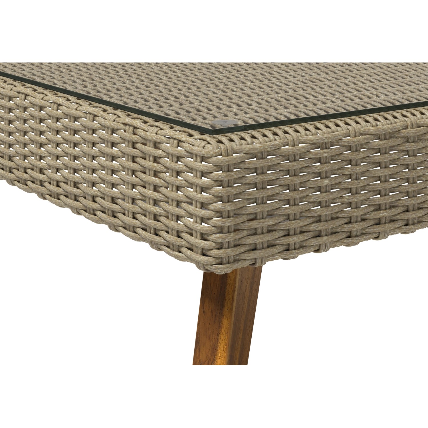 Detailansicht Tisch mit Glasplatte des Sofa-Lounge-Sets Borup, Wicker Beige.