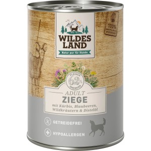 Wildes Land Hunde-Nassfutter Ziege mit Kürbis, Blaubeeren und Distelöl, getreidefrei und hypoallergen.