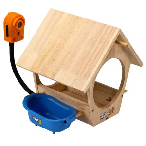 DieMaus Vogelhaus mit Kamera und Tränke. Holzhaus mit Wildkamera zur Vogelbeobachtung.