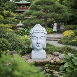 Weißer Buddha Kopf aus Polyresin, wetterfest und frostfest, als Deko-Figur für Garten oder Wohnbereich.