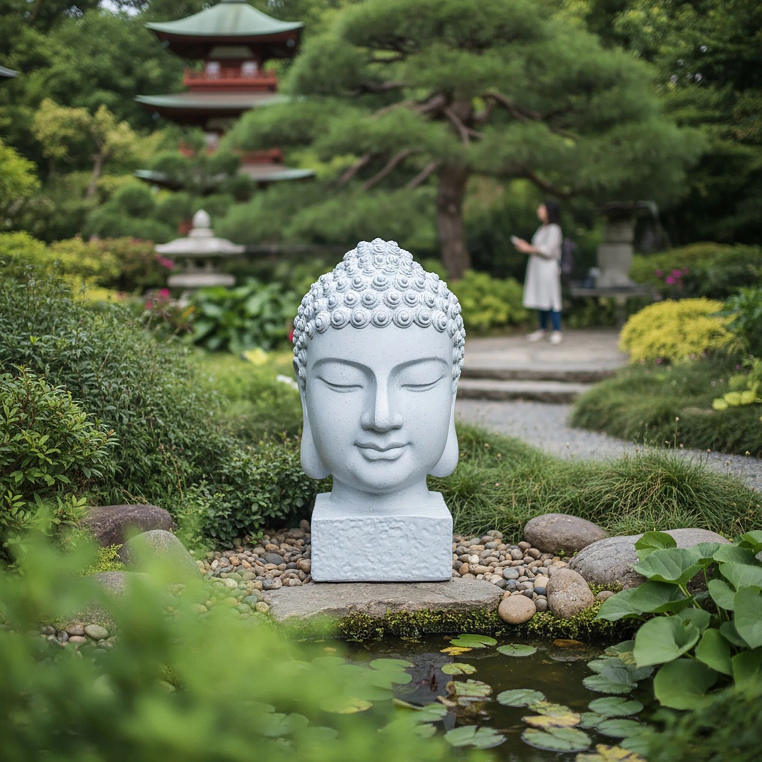 Weißer Buddha Kopf aus Polyresin, wetterfest und frostfest, als Deko-Figur für Garten oder Wohnbereich.