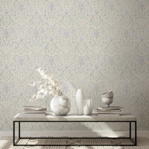 Marburg Vliestapete im Landhausstil mit floralem Muster in Beige und Blau.
