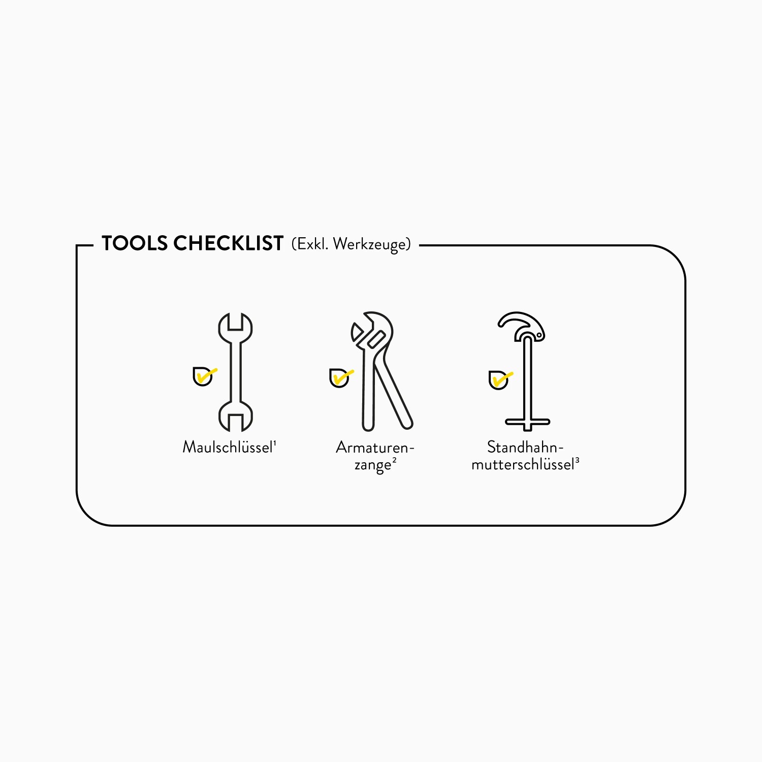 Checkliste: Maulschlüssel, Armaturenzange und Standhahnmutter für Küchenarmatur Montage.