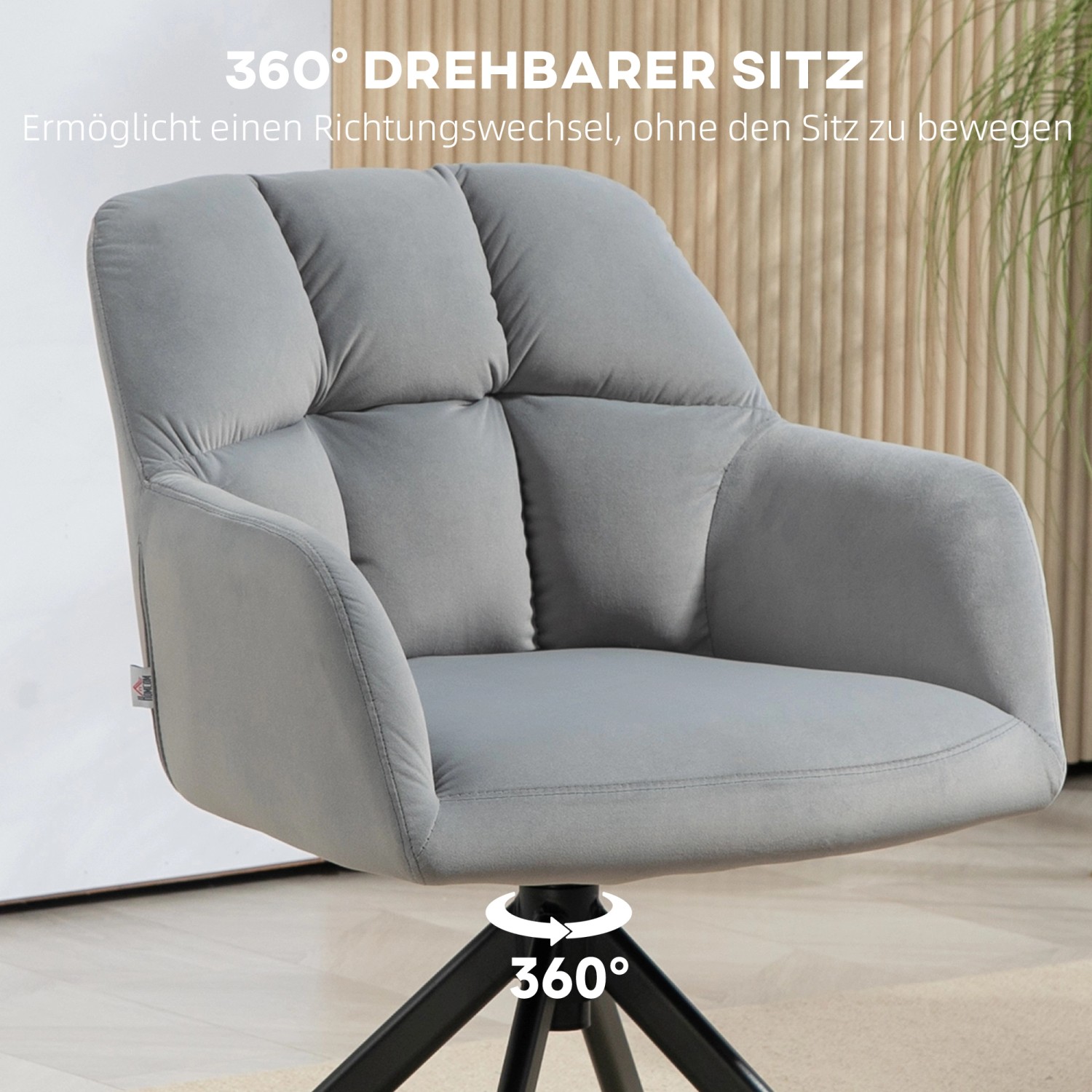 Grauer HOMCOM Loungesessel mit Samtoptik und drehbarem Sitz auf schwarzem Metallfuß.