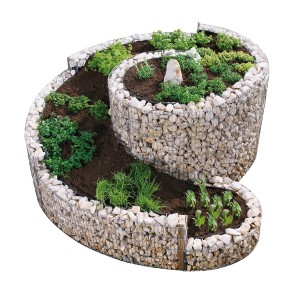 Große Bellissa Gabionen-Kräuterspirale mit Bepflanzung. Gabionen-Hochbeet aus Steinen und Metall.