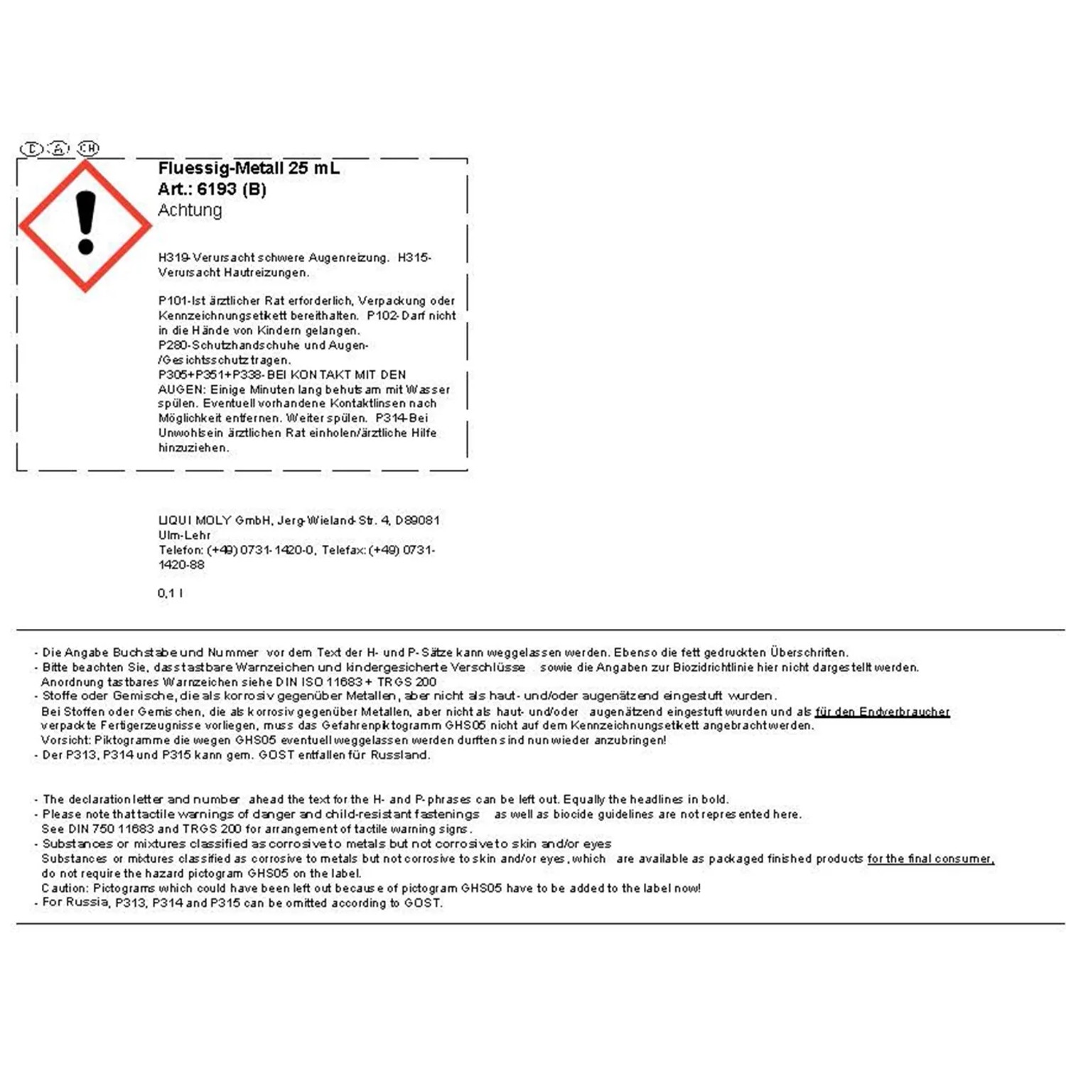 Etikett von Flüssig-Metall 25ml: Achtung, verursacht schwere Augenreizung und Hautreizungen.