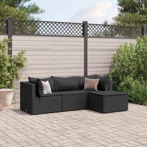 Schwarzes 4-tlg. vidaXL Garten-Lounge-Set aus Poly Rattan mit Kissen für Terrasse und Garten.