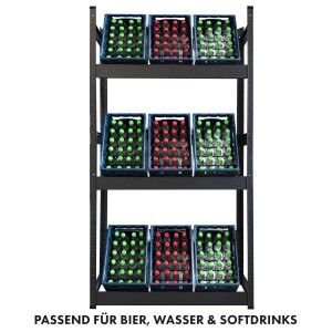 Schwarzes KARAT Getränkekistenregal Osaka mit 9 Kisten auf 3 Ebenen. Praktische Lagerung im Regal.