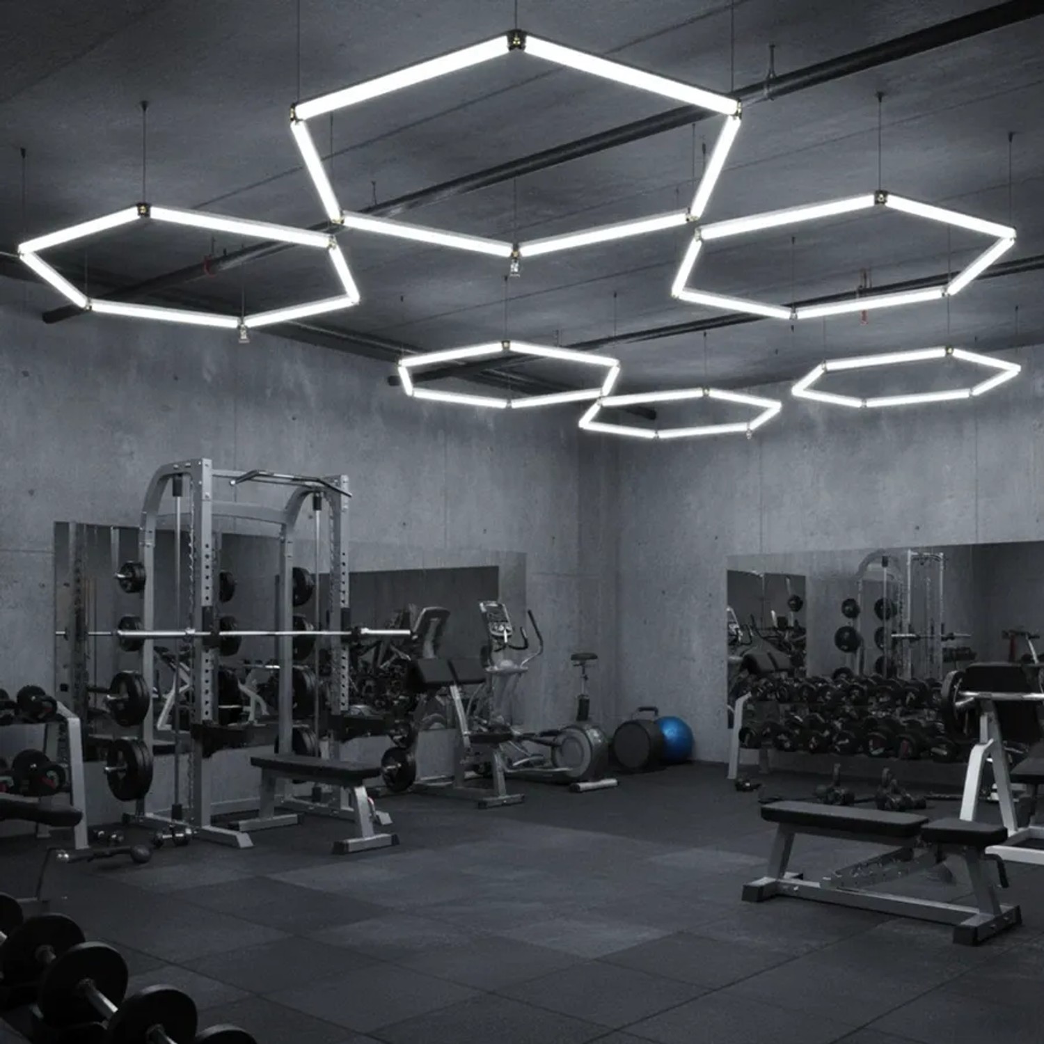 Modulare LED Deckenleuchte in Sechseck-Form, kaltweiß, für Werkstatt, Garage oder Fitnessstudio.