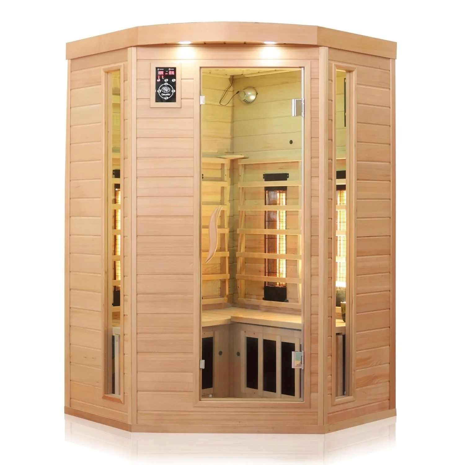 Dewello Infrarotkabine Lakefield 3 für 2 Personen aus Hemlock Tannenholz mit Glasfront.