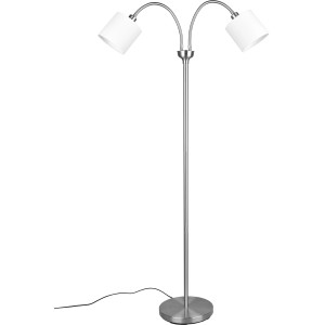 Moderne Reality Design-Stehlampe Tommy, Nickel matt mit zwei weißen Lampenschirmen.