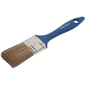 LUX Flachpinsel Lasur, 40 mm, mit blauem Griff und braunen Borsten.