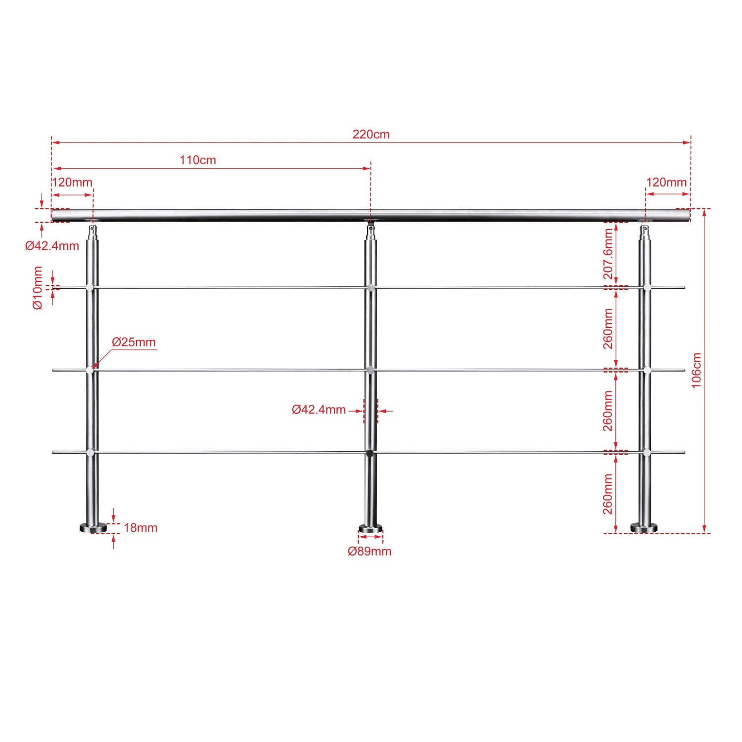 Edelstahl Geländer 220 cm mit 3 Querstäben. Technische Zeichnung mit Maßen für Treppen & Geländer, Innen & Außen.