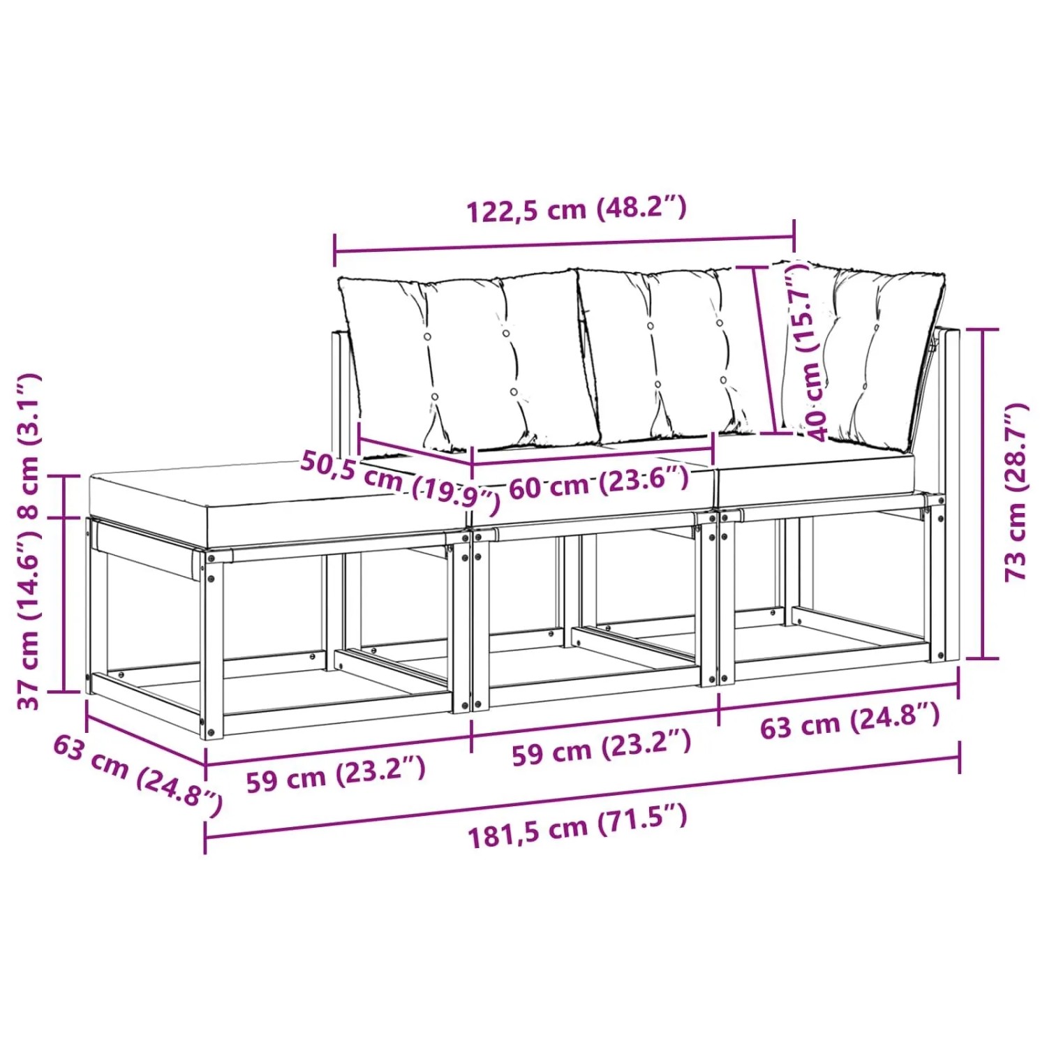 vidaXL Outdoor-Schnittsofa-Einheiten 3 Stück Natur und Creme 900625_11