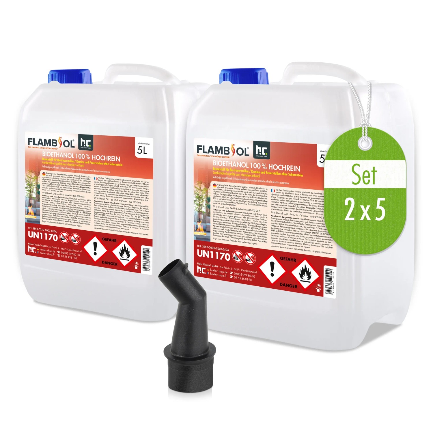 Flambiol Bioethanol 100% hochrein, 2 Kanister à 5l + Einfüllstutzen. Brennstoff für Kamine.