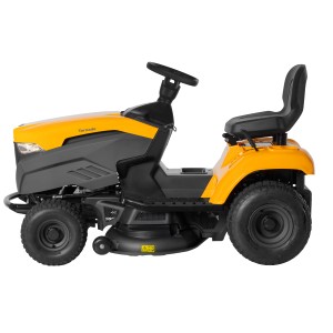 Stiga Rasentraktor Tornado 398 M, gelb-schwarz, mit Seitenauswurf. Kompakter Aufsitzmäher für mittelgroße Gärten.