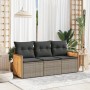 Graue 3-tlg. vidaXL Garten-Sofagarnitur aus Rattan mit dunklen Kissen.