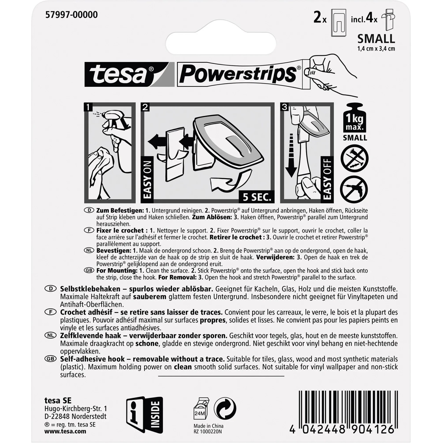 Tesa Klebehaken, 2 rechteckige, weiße Haken mit 4 Powerstrips Small. Ideal für Küche und Bad.