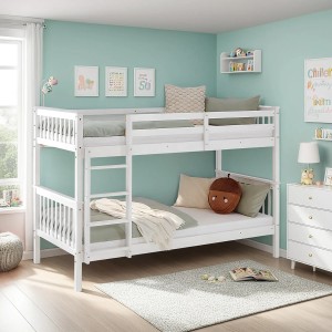 Weißes Homestyle4u Etagenbett aus Holz, 90x200 cm, im Kinderzimmer.