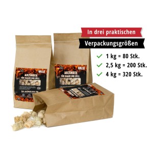 Valo Anzünder in drei Packungsgrößen (1kg, 2,5kg, 4kg) im Papierbeutel für Kamin und Grill.