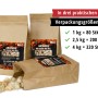Valo Anzünder in drei Packungsgrößen (1kg, 2,5kg, 4kg) im Papierbeutel für Kamin und Grill.