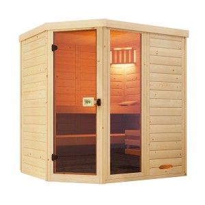 Weka Elementsauna Laukkala 2 mit Saunaleuchtenset aus Fichtenholz und Glastür.