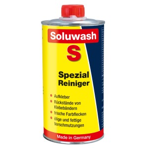 Soluwash S Spezial Reiniger (250ml) zur Entfernung von Kleberesten, Farbflecken und öligen Verschmutzungen.