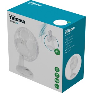 Verpackung des weißen Tristar Tischventilators mit 30 cm Durchmesser.