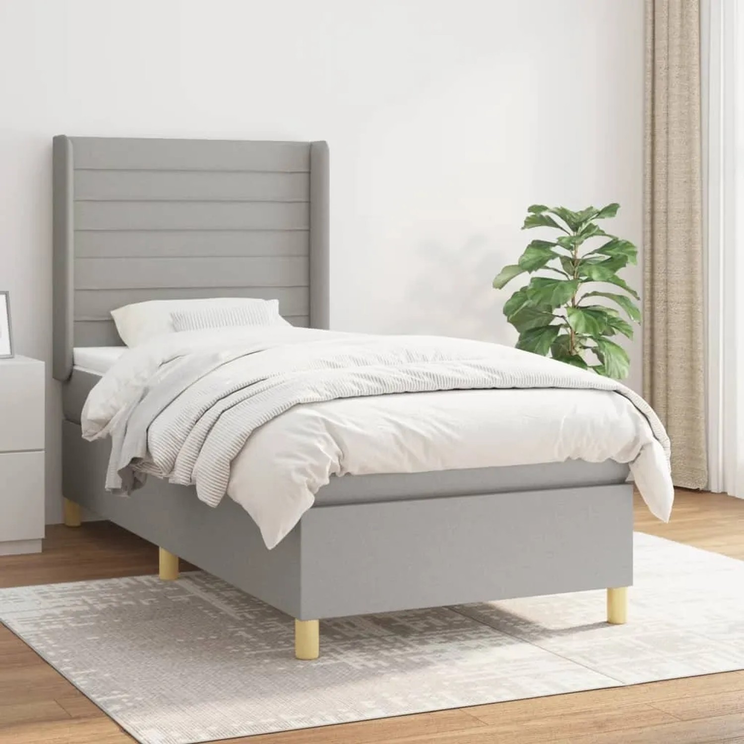 Hellgraues vidaXL Boxspringbett 90x190 cm mit Matratze und hohem Kopfteil.